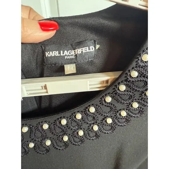 Karl Lagerfeld Paris Black Pearl Embellished Dress Bell Sleeve Women’s Size 14 - Picture 13 of 15